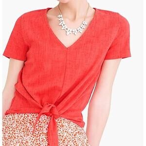 J. Crew Tie front Textured V-neck Tee Top Women S Short Sleeve Red Cotton Blend